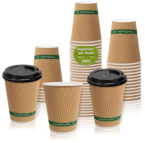 MH QUALITY 200x Kaffeebecher To Go Riffelwand Hellbraun 300ml / 12 Oz mit Deckel Schwarz- 200 Stück