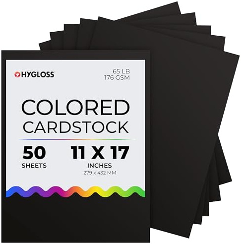 Hygloss Black Cardstock - 11x17-Inch, 50 Sheets, 65 lb/ 176 gsm, Fade-Resistant, Acid-Free Color Card Stock Paper