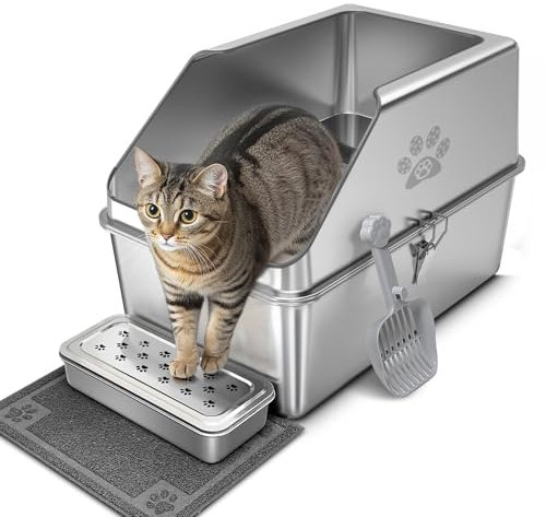 PTLOM Bac à litière pour chat en acier inoxydable avec bord de 15 cm de haut, grande litière en métal, empêche les fuites d'urine, antidérapant et inodore, ouverture à bord étroit, outil de nettoyage