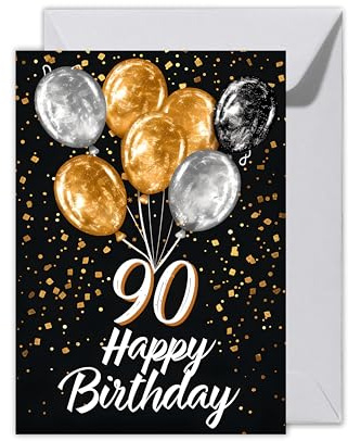 WBdesignz XXL 90. Geburtstag Karte mit Umschlag - Elegante Geburtstagskarte zum 90ten Geburtstag “Happy Birthday Schwarz Gold Ballons 90ter Geburtstag (XXL DIN A4)
