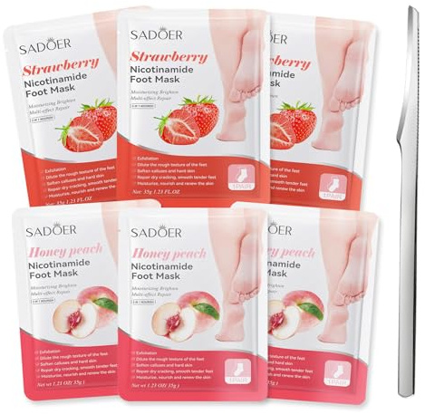 6 paia Maschera Esfoliante Piedi,Peeling Piedi,Trattamento Intensivo Nutriente,Secchi e Screpolati,Con Kit Pedicure per Uomo e Donna,Fragola e Pesca