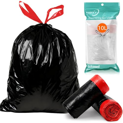 Bolsas de basura pequeñas con cordón de 10 litros, 30 bolsas de basura negras gruesas, para baño, oficina, dormitorio
