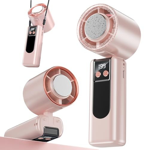 Luckynono Mini Handheld Fan 5-Speed Adjustable & Semiconductor Cooling, Tri-Fold Compact Design with Lanyard, USB Rechargeable for Travel, Office, Camping, Outdoors (Pink)