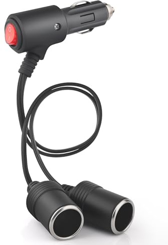 1 à 2 Rallonge Allume Cigare, Double Prise Allume-Cigare avec Interrupteur, 18AWG Splitter Câble D'extension Avec Fusible 15A, 12V/24V Adaptateur Répartiteur pour Voiture, Bateau, Moto (30cm)