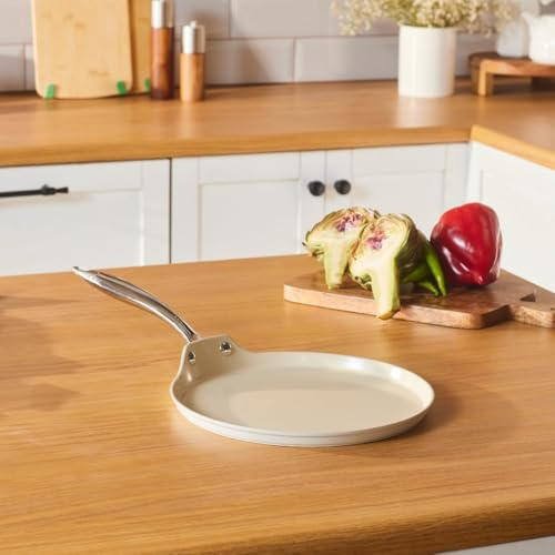 KARACA Swiss Crystal Almond Cream 25 cm Non‑Stick Induction Pancake Pan with Stainless Steel Handle – PFAS/PFOA‑Free Ceramic Coating, Dishwasher Safe, Cream Finish