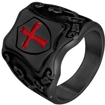 JewelryWe Bague Chevalière Homme Croix Templiers: Bague Croix Catholique des Croisés en Acier Inoxydable avec Motifs Vikings et 18K Plaqué Or – Bijou Vintage Cadeau Anniversaire,Noir 70
