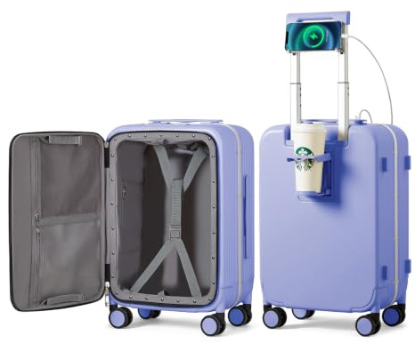 mixi Carry On Luggage with Cup Phone Holder and Charger Hard Shell Suitcases with Spinner Wheels,20 Inch Lilac Purple