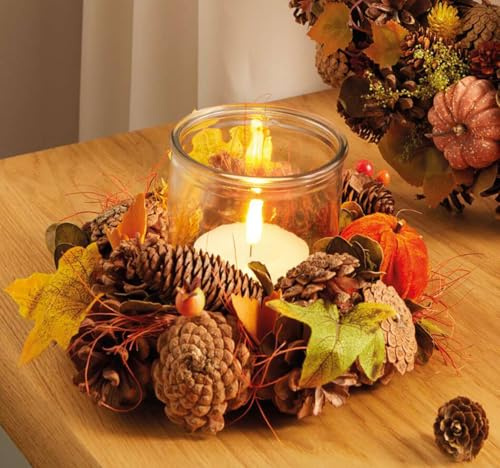 Dekoleidenschaft Windlicht Herbst Dekokranz klein & bunt, Ø 24 cm mit Kerzenglas, Herbstkranz, Tischkranz, Herbst Deko Kranz