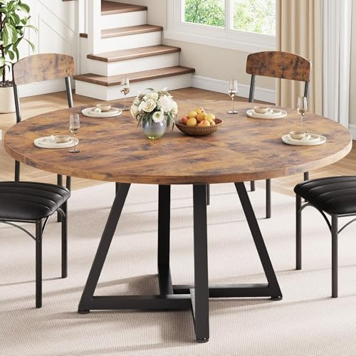 Jocoevol Round Kitchen Dining Table for 4 People, Circle Dinner Table with Metal Frame, Space Saving Wood Industrial Furniture (Vintage, 47 inch