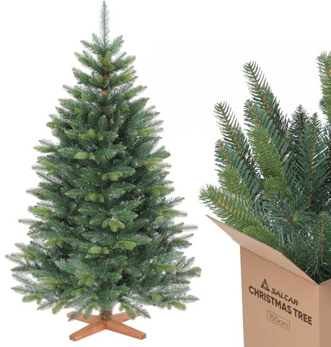 SALCAR 150cm Künstlicher Weihnachtsbaum mit Holzständer, PE+PVC Tannenbaum, Realistische und Hochwertige Dekoration, Einfacher Aufbau für Innenräume, Weihnachtsdekoration