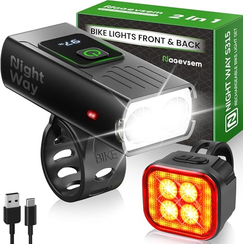 Nagevsem Bike Lights Set, LED Super Bright USB-C Rechargeable Headlight & Taillight, Waterproof Front & Rear Back Bicycle Light for Night Riding, Road & Mountain Cycling (Front & Back Lights)