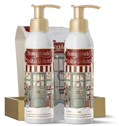 Bottega Verde - Cofanetto Regalo Kit Mani Dolce Felicità, con Crema Mani da 150 ml e Lavamani da 150 ml, Fragranza di Nocciola e Caramello Salato, Idea Regalo