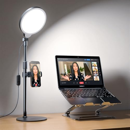 Ringlicht mit Ständer, Schreibtischlampe mit 3 Farbtemperaturen & 10 Helligkeitsstufen, CRI>97,8 Streaming Licht für YouTube Tiktok Videokonferenzen Homeoffice