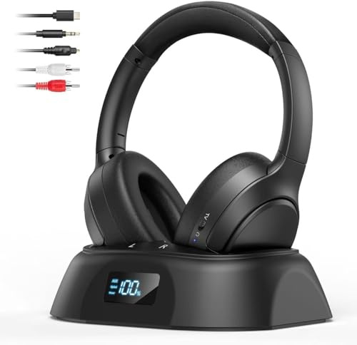 TV Funkkopfhörer Bluetooth 6.0 Kabellos mit Ladestation & Digital Display | Plug & Play, 60 Stunden Akku-Laufzeit, klappbares Design. Kompatibel mit optisch, AUX und RCA Anschlüssen für Fernseher