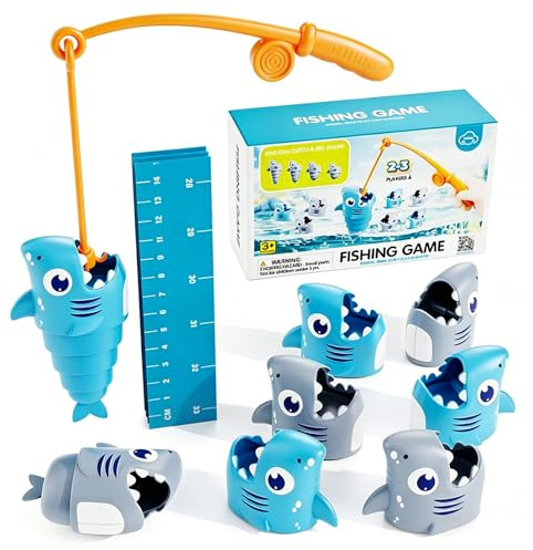 LIULINY Hai Angelspiel, Skalierbar Fische Angeln Spiel, Verschiedene Größen Fisch Spiel Bringen Angelrute Herrscher, Übung Motorikspielzeug, zum Erlernen Maßen, Lustige Brettspiele für Eltern Kinder
