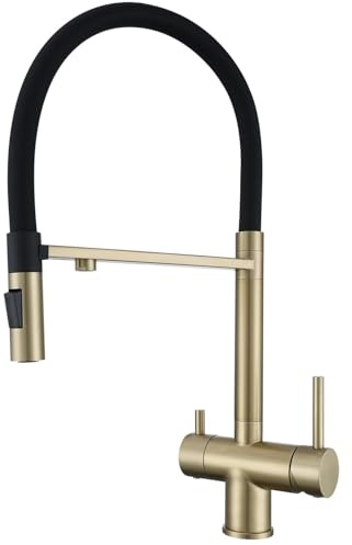 Brushed Gold Kitchen Sink Mixer Tap with Filtered Drinking Water spout, Dual Function snap-on Magnetic Pull Out Sprayer Stream spout, Lever Control for Water Filtration & Softeners System