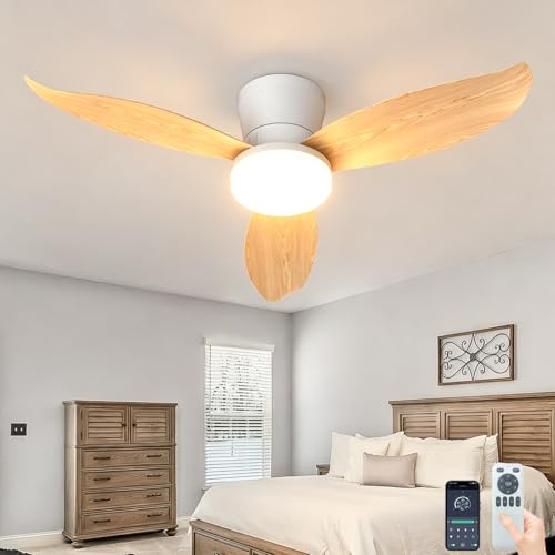 Fachae Imitation Wood Fan Light Ceiling for Bedroom Living Room Kitchen 36in,48W LED Dimmable Fan Lamp with Remote & APP,3000K-6000K,6 Speeds & Timers,Detachable Compact Ceiling Fan Light with Remote