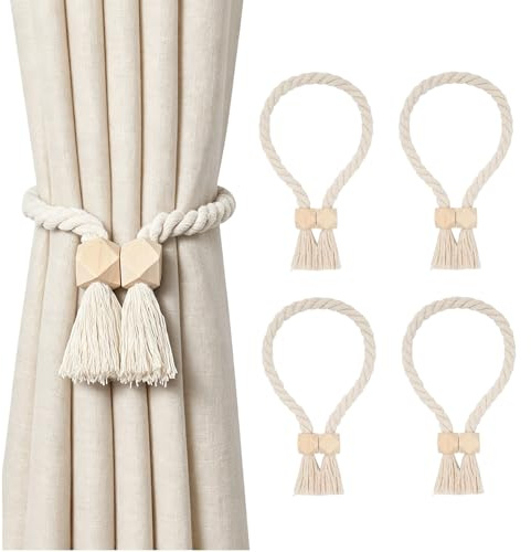 ROSYLEVE 4 Stück Magnetische Vorhang Raffhalter, Baumwolle Seil, Boho | Gardinenraffer aus Holz, Vorhang Raffhalter Beige für Wohnzimmer, Schlafzimmer und Büro