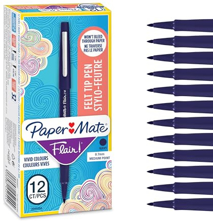 Paper Mate Flair Felt Tip Pens | Medium Point (0.7 mm) Writing Pens | Navy Blue Pens | For WritingDrawing & Sketching | 12 Count