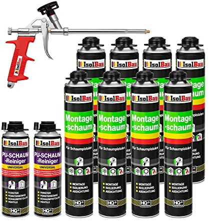 Isolbau Bauschaum-Set - Inkl. 8 x 1K Montageschaum B2 Pistolenschaum mit hervorragender Schall und Wärmedämmung (je 750 ml), 2 x PU-Schaum-Reiniger (500 ml) & 1 x Schaumpistole, Dämmen
