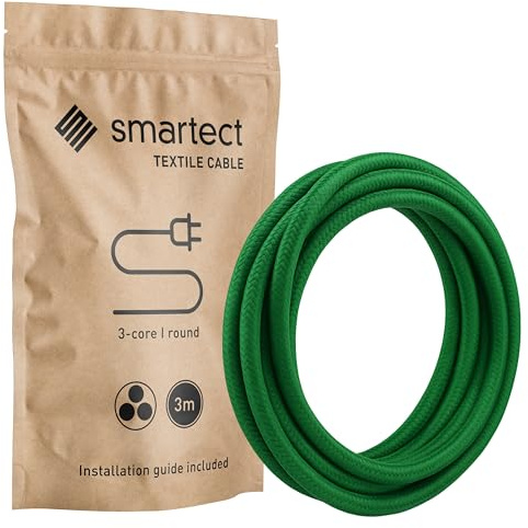 smartect Textilkabel för Lampor Grön, 3 Meter Tvinnad trasa täckt Tråd, 3 Prong (3 x 0.75mm²) Trasa Elektrisk Sladd för DIY Projekt