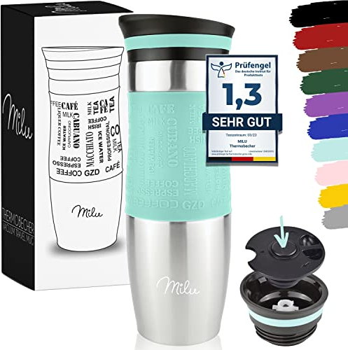 Milu Travel Mug 370ml 450ml - Insulated Coffee Cup to go - 100% Leak Proof - Stainless Steel Drinking Mug - Car Mug Double Wall Insulation Thermo Coffee Flask (Teal, 450ml)