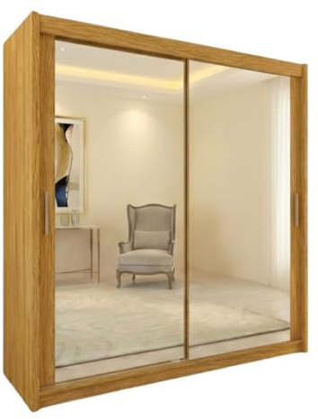 INTERWOOD Double Full Mirror Sliding Door Wardrobe - 2&3 Doors Wardrobe with Hanging Rail, Adjustable Shelves, Chrome Handles | Sturdy MDF Bedroom Wardrobes for Bedroom Furniture (Oak, 120cm)