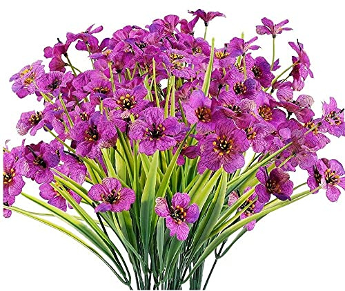 6 flores violetas artificiales, falso racimos violeta, resistente a los rayos UV, arbustos vegetales de plástico sintético para interior exterior, jarrón colgante de jardín, porche, patio decoración