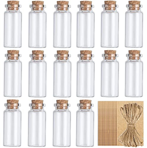 CL-Link 20 botellas de cristal de 10 ml con corcho + 20 hilos + 20 etiquetas colgantes para decoración DIY, regalos de boda, fiestas