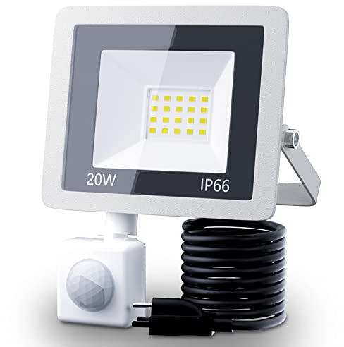 MIWAT 20W Plug in LED Motion Sensor Flood Light, PIR Induction Lamp, Dusk to Dawn Outdoor Auto ON/Off, 6500K Security Spot Daylight, IP66 Rainproof Work Light for Garage Yard Patio Porch Doorway Wall
