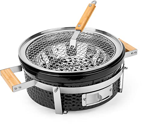 ONLYFIRE GRILLS Keramik-Hibachi-Holzkohlegrill mit Gitterheber, 35,6 cm, tragbarer BBQ Yakitori-Grill mit Edelstahlrost für Outdoor, Terrasse, Hinterhof, Grillen, Kochen, GS305