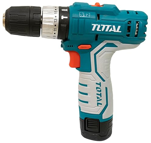 TOTAL - Taladro Percutor a Batería de 12 V - Portabrocas Automático hasta 10 mm - 18 Posiciones de Apriete - 2 Velocidades y Luz LED - 2 Baterías 1,5 Ah
