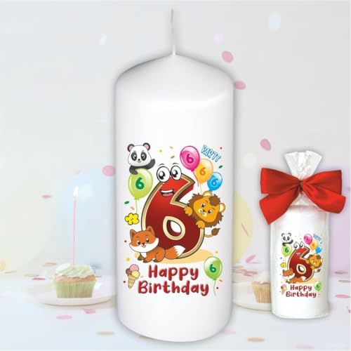Stumpenkerze - Geburtstagskerze zum 6. Geburtstag, Happy Birthday - Motive auf Tattoofolie | Geschenkfolie und Schleife | Kerze mit Geburtstagszahl Zahl in Geschenkverpackung zum Kindergeburtstag