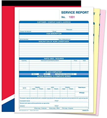 Engineer Job Sheet Book A4 – Triplicate 3-Part NCR Carbonless – Service Report, Timesheet, Inspection & Parts Used – 50 Sets – Ocean Pads (70079)