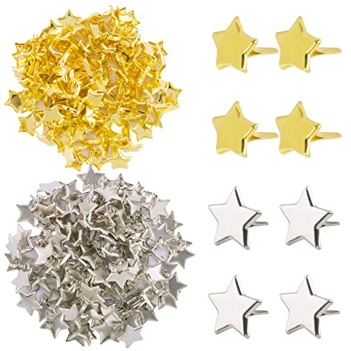 BETESSIN 200pcs Mini Brads Stern Gold Silber Musterklammern Metall Verschlussklammern Klein Klammern Musterbeutelklammern Briefklammern für DIY Scrapbooking Basteln Papier Befestigung