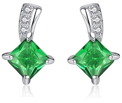 Bellitia Jewelry Pendientes de Botón para Mujer Princesa con Piedra de Nacimiento, Pendientes/Aretes de Plata de Ley 925 con Esmeralda Verde & Diamante CZ