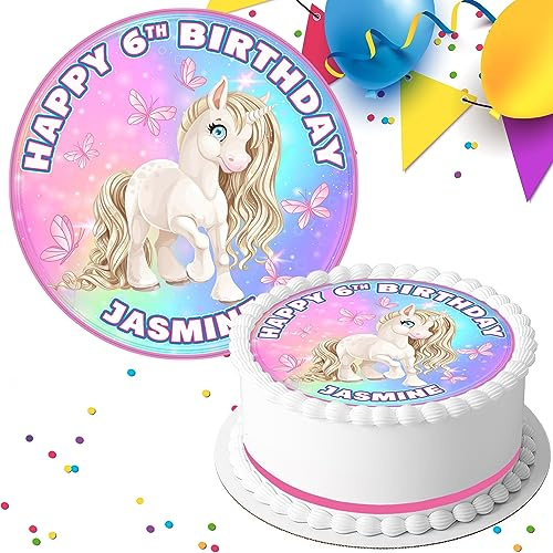 CUTE UNICORN BIRTHDAY PERSONALISED 7.5 INCH EDIBLE ICING CAKE TOPPER DECORATION PK-139