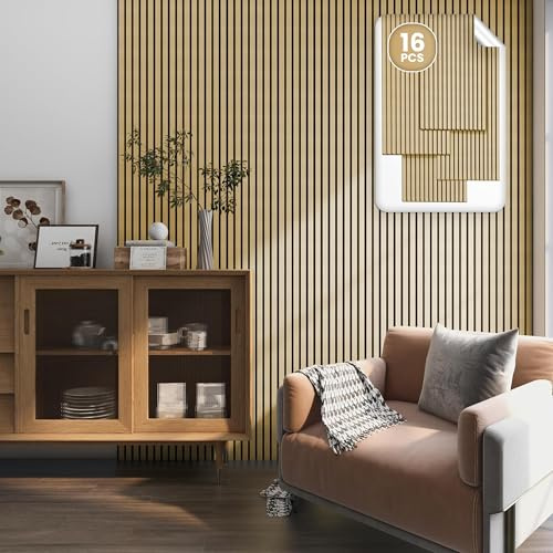 NEU.HOLZ Akustik Wandpaneele Vang 16er Set Wandverkleidung zum Kleben und Schrauben 11,52 m² Holzfurnier 3D Paneele Lamellen in Eichenoptik, hell