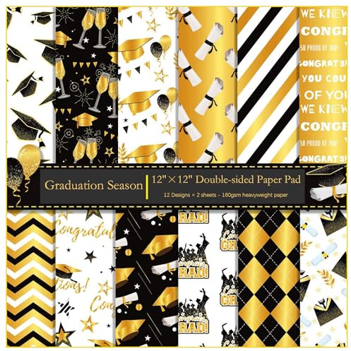 ZAKHSE Motivpapier 30 x 30cm, 24 Blätter Designpapier Abschluss Doppelseitig Bedruckt Bastelkarten, Abschlusssaison Gemustert Scrapbook Papier, 12 Designs, Dekopapier für DIY Kartengestaltung-Schwarz