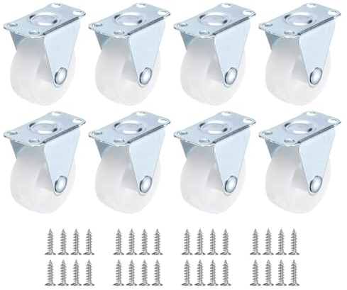 PATIKIL 1.5 Rigid Caster Wheels, 8 Pack Silent Fixed Non-Swivel Plate Caster with M4 Screws for Furniture Workbench Cart Trolley, White
