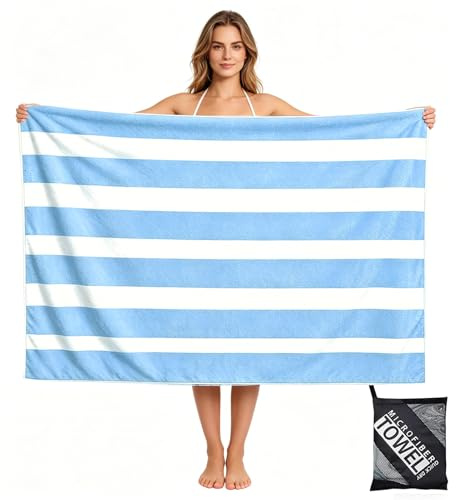 Large Quick Dry Microfibre Beach Towels for Adult,160X90cm Double Side Baby Blue Stripe Bath Towel Travel Towels with Pocket,Lightweight Beach Towel for Women Men Sun Lounger Travel Swim Holiday Sport