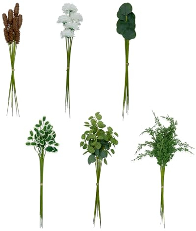 FOERPL 60-teiliges künstliches Grün-Sprühbox-Set mit 6 Arten von künstlichen grünen Stielen, künstliche Chrysanthemen-Blumen für Hochzeitsstrauß, Tischaufsätze