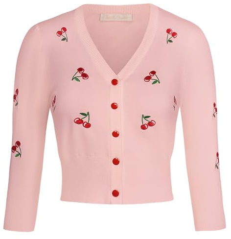Belle Poque Cardigans for Women UK Vintage V-Neck 3/4 Sleeve Cherries Embroidery Cardigan Sweater XL