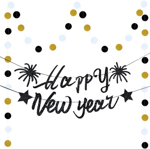 JSTHHTT Silvester Deko 2026 Party Set, Deko Silvester 2026, Happy New Year Girlande Gold Banner, Geburtstag New Years Eve Decorations Silvesterdeko, 5 Meter Party Dekoration Banner (Schwarz)