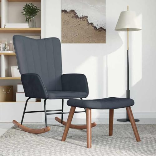 Myheimly Schaukelstuhl mit Hocker, Schwingstuhl mit Armlehne, Schaukelsessel mit Holzkufen Stahlgestell, Relaxsessel Schwingsessel Wohnzimmer, Samt Schaukelstuhl Dunkelgrau,Mit Fußablage