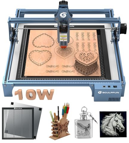 SCULPFUN S9 PRO 10W Laser Graviermaschine mit Honeycomb Wabentisch, Hochpräzise Laser Schneiden Lasergravierer für Holz Leder Metall, Präziser Fokus, Große Gravurfläche 400 * 410mm
