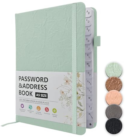WWYSSZ Libreta de Contraseñas, Cuaderno de Contraseñas de Tapa Dura, Libreta Alfabética para Organizador Logbook de tapa dura, Para Registro de la Información De Acceso a Internet, 13 X 19 cm, Verde