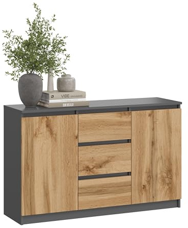KUBUTKU Kommode Moderner Sideboard Mehrzweckschrank für Schlafzimmer Flur Wohnzimmer Büro (Grafit/Eiche Wotan, 120x97x40cm 2Türen 3Schubladen)