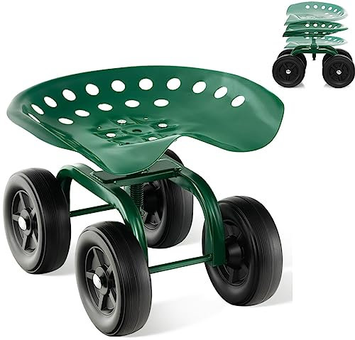 Rolling Garden Cart, Heavy Duty Gardening Trolley with Adjustable Swivel Seat, Outdoor Work Scooter, 150kg Load Capacity for Easy Planting & Maintenance