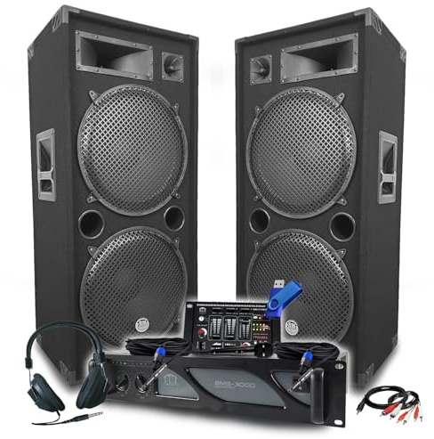 Pack Sono DJ BM Bmsonic Ampli 3000 W, par de altavoces pasivos LSC215 2 x 2000 W, mesa de mezcla, auriculares DJ, cables, micrófono y llave 32 G